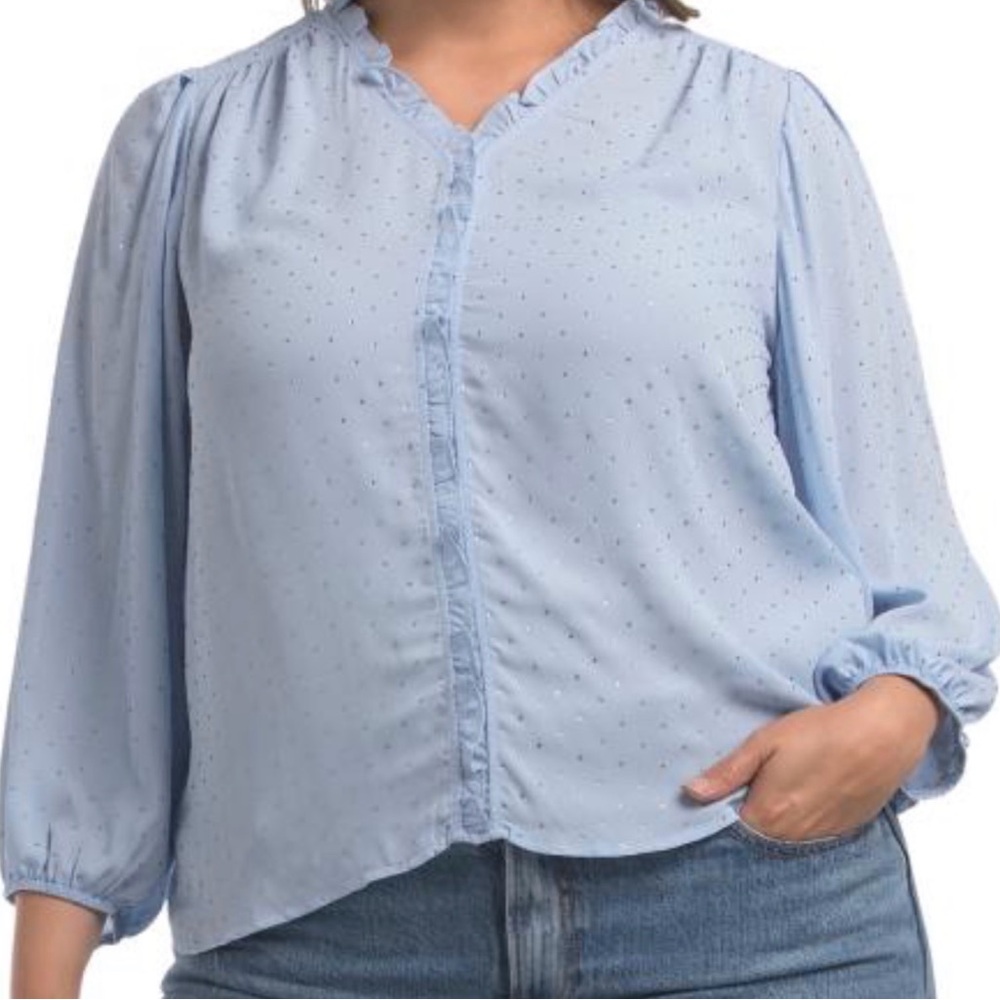 Zac & Rachel Women’s Light Blue Ruffle-Trim V-Neck Blouse 2X NWT